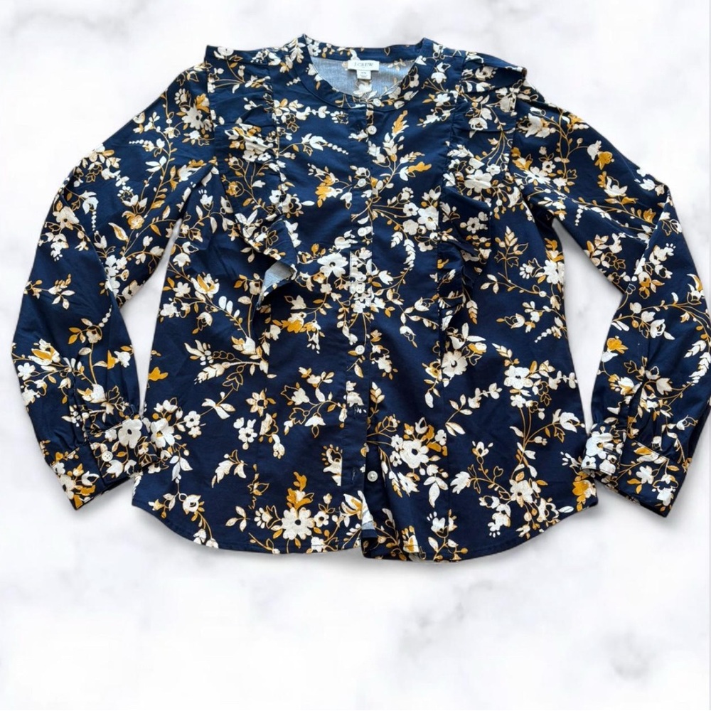 J. Crew Floral Ruffle Navy Blouse